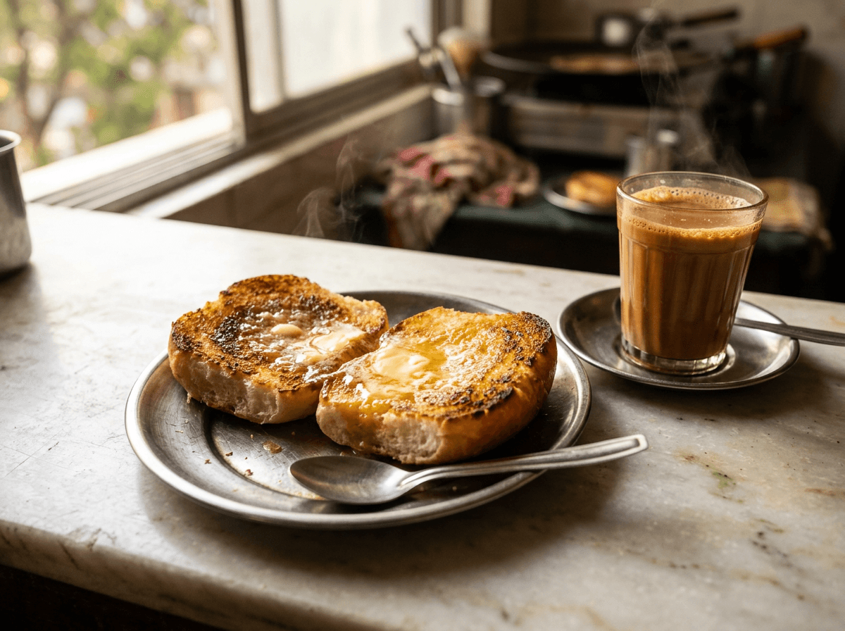 A buttered pav dipped into a hot cup of cardamom chai