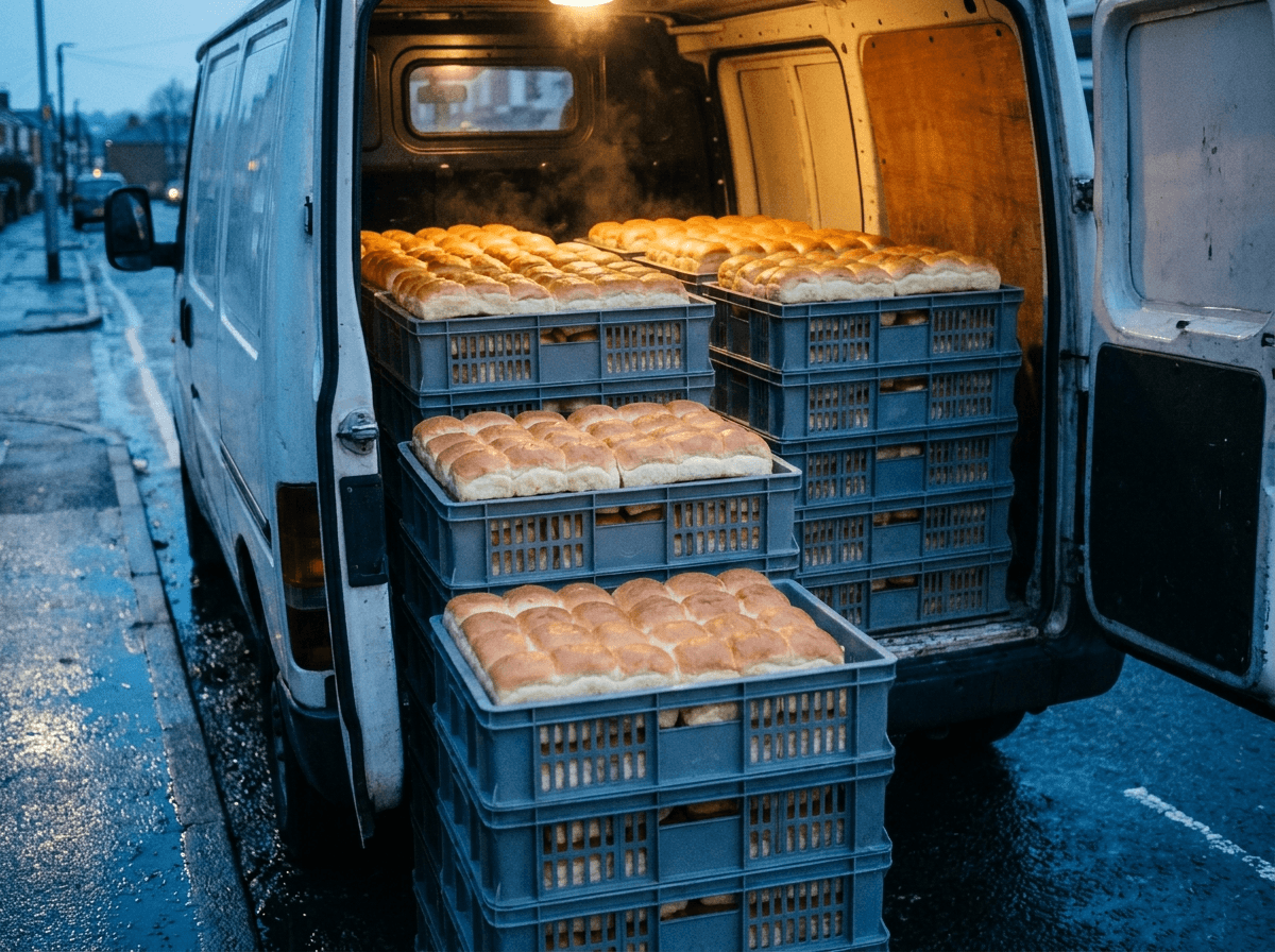 Bread crates being loaded into a delivery van at dawn on wet tarmac