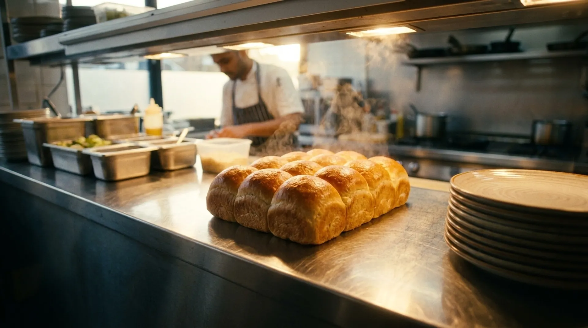 A connected block of golden ladi pav on a stainless chef's pass