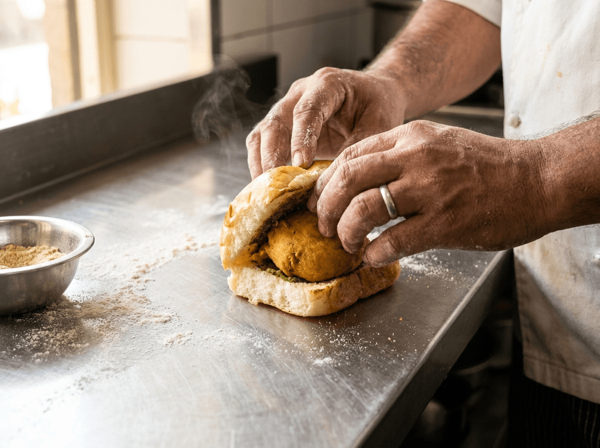 A vada pav in hand, the soft pav pocketing a golden fried vada