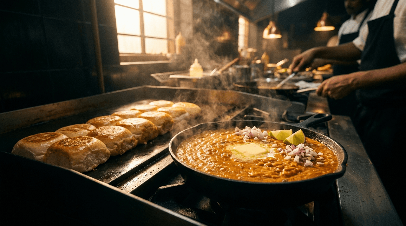 A wide skillet of pav bhaji thickening on the heat beside a buttered griddle