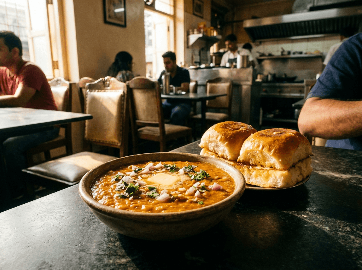 Buttered pav beside a pan of rich mashed vegetable bhaji