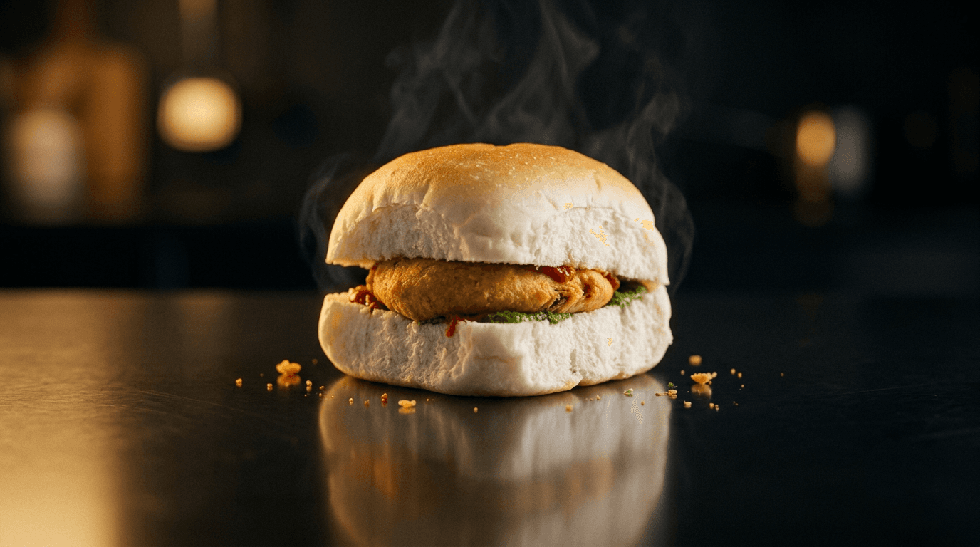 A closed vada pav on a dark reflective counter, steam rising